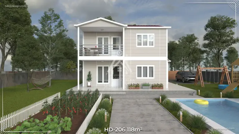 HD-206 118 m² 3+1 dubleks prefabrik ev – ön cephe düz bakış, geniş balkon ve rüzgârlıklı giriş
