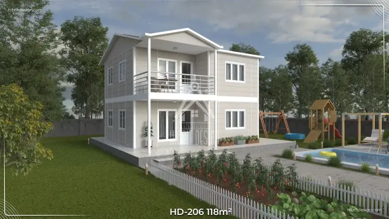 HD-206 118 m² 3+1 dubleks prefabrik ev – yan cephe bahçe ve balkonlu modern mimari