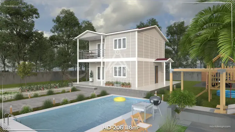 HD-206 118 m² 3+1 dubleks prefabrik ev – havuz kenarı ön cephe, balkon ve geniş veranda detaylı modern tasarım
