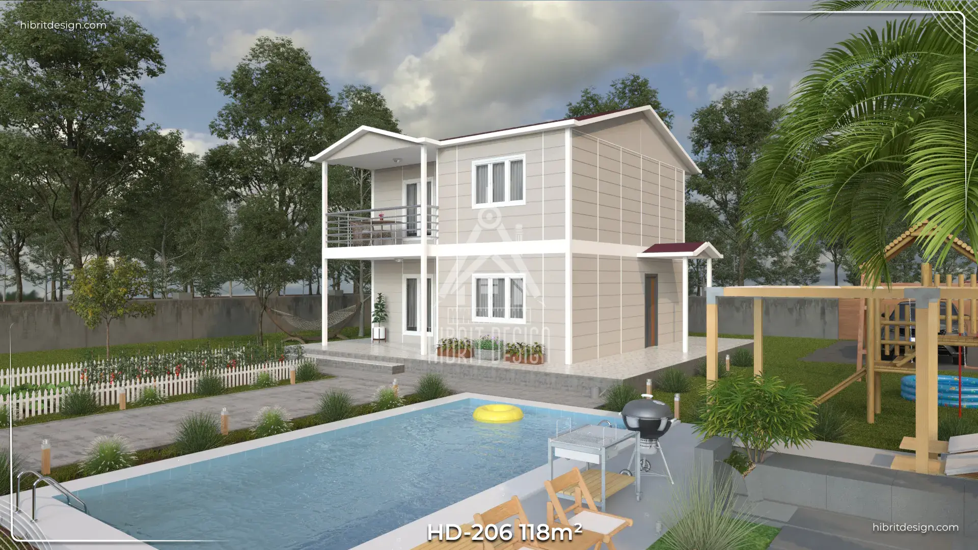 HD-206 118 m² 3+1 dubleks prefabrik ev – havuz kenarı ön cephe, balkon ve geniş veranda detaylı modern tasarım
