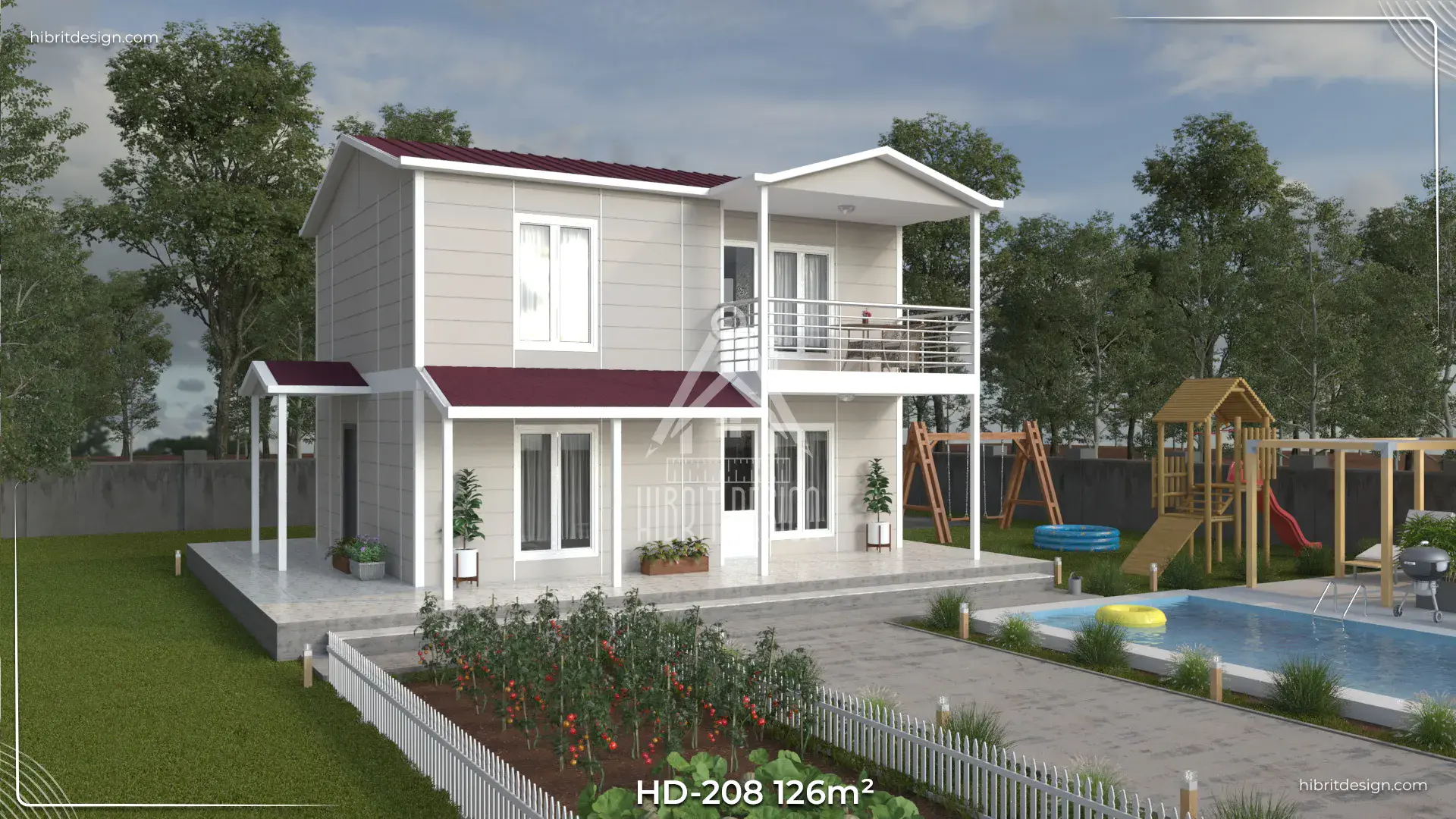 HD-208 dubleks prefabrik ev 126 m² – bahçeli ve yan cephe görünümü, geniş balkon ve veranda