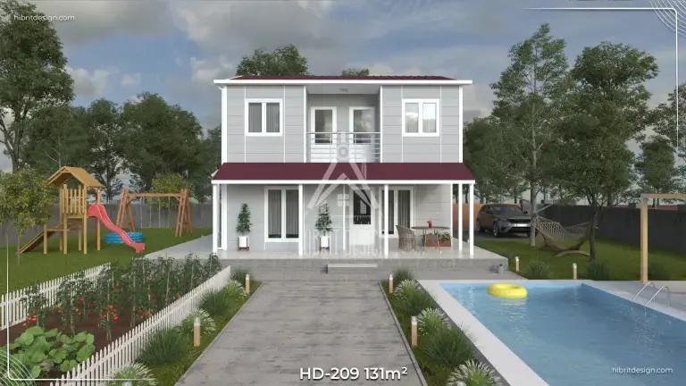 HD-209 131 m² dubleks prefabrik evin önden cephe görünümü, geniş veranda ve üst balkon detayları.
