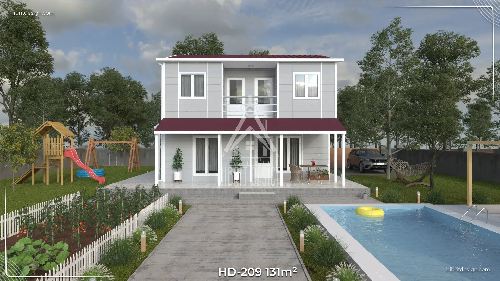 HD-209 131 m² dubleks prefabrik evin önden cephe görünümü, geniş veranda ve üst balkon detayları.