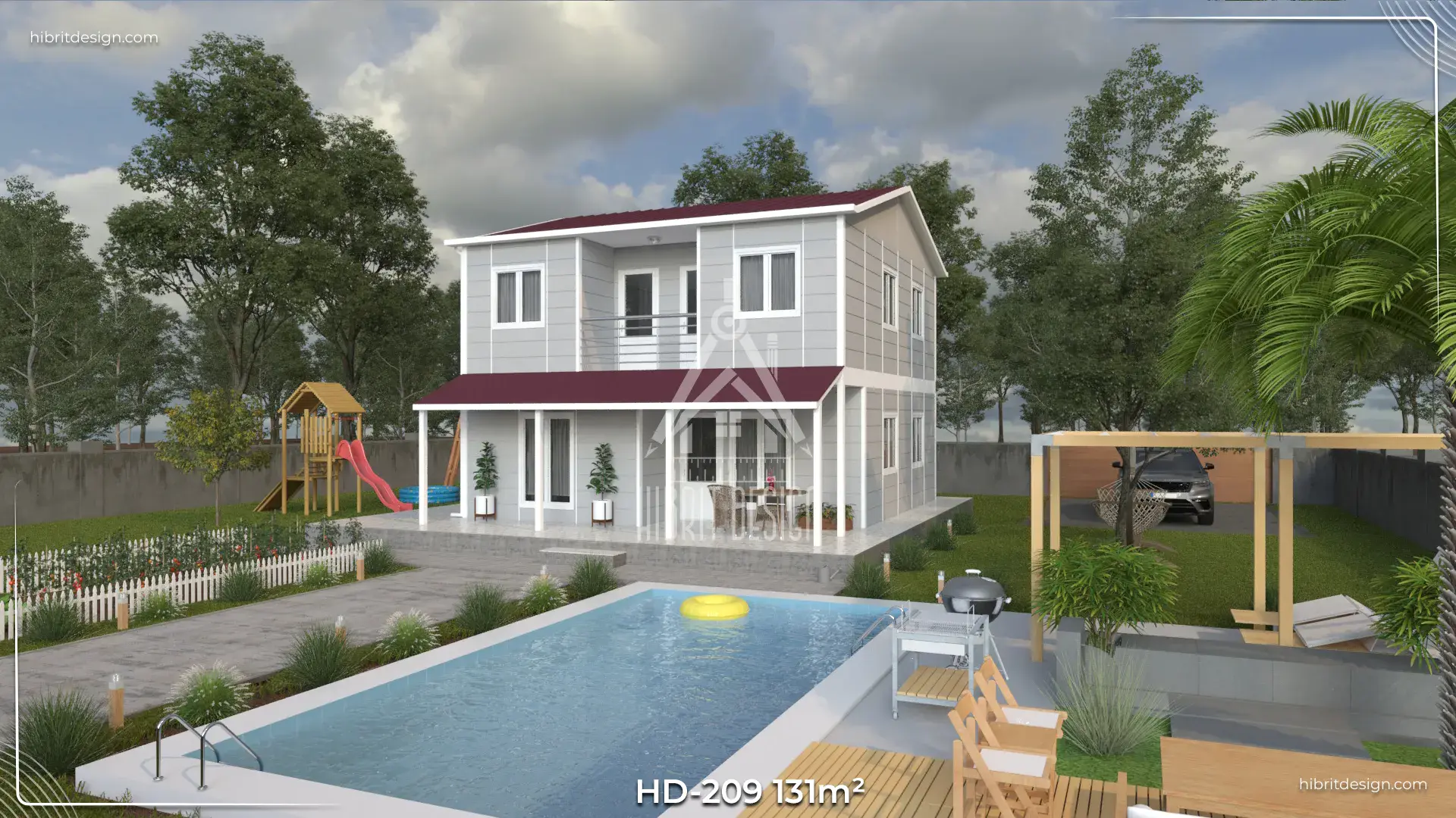 Havuz kenarında konumlandırılmış, geniş balkonlu HD-209 131 m² dubleks prefabrik ev, ön cephe ve veranda detayları.