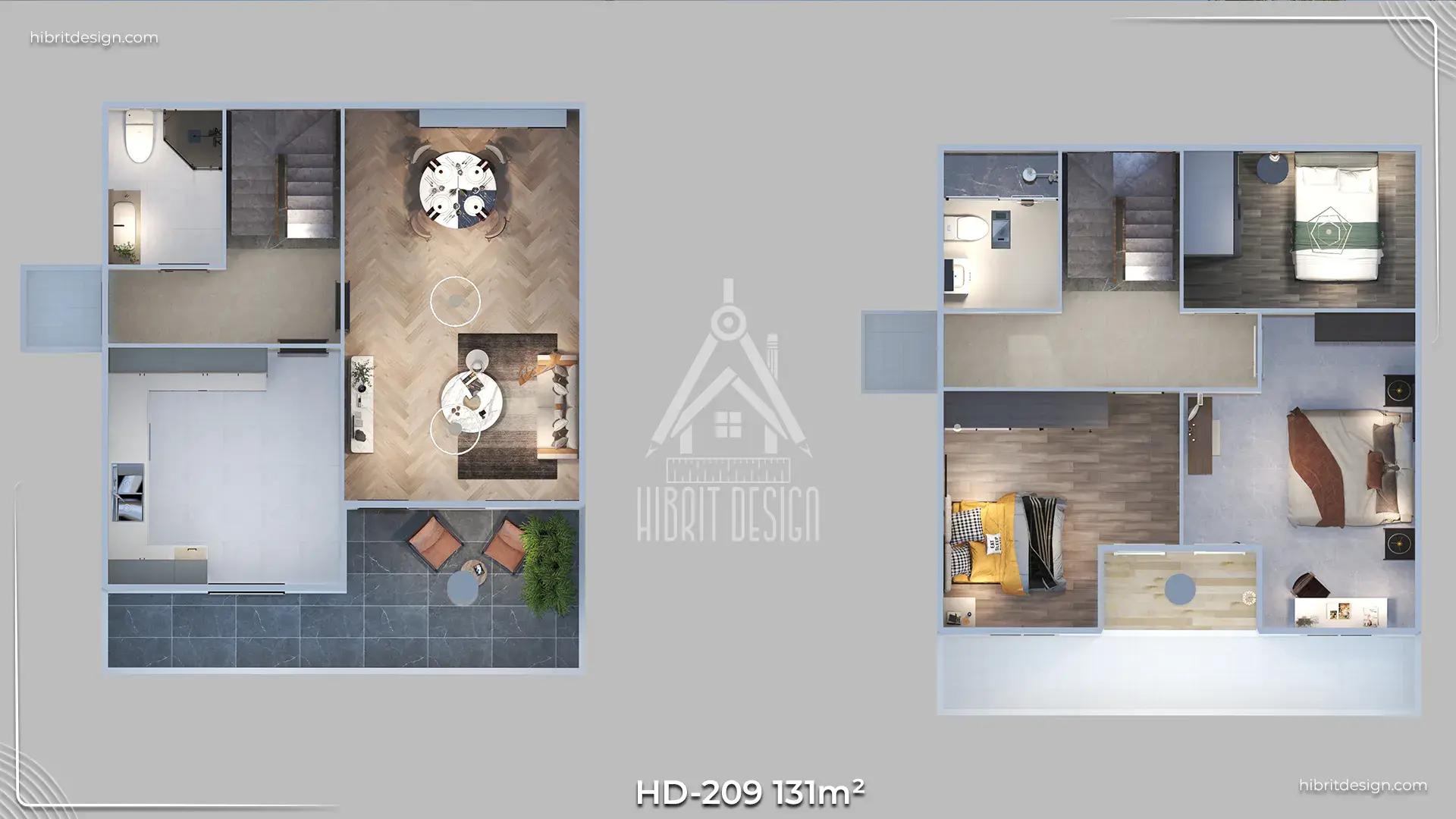 HD-209 131 m² dubleks prefabrik evin iki katlı iç planı, salon, mutfak ve odaların yerleşim şeması.