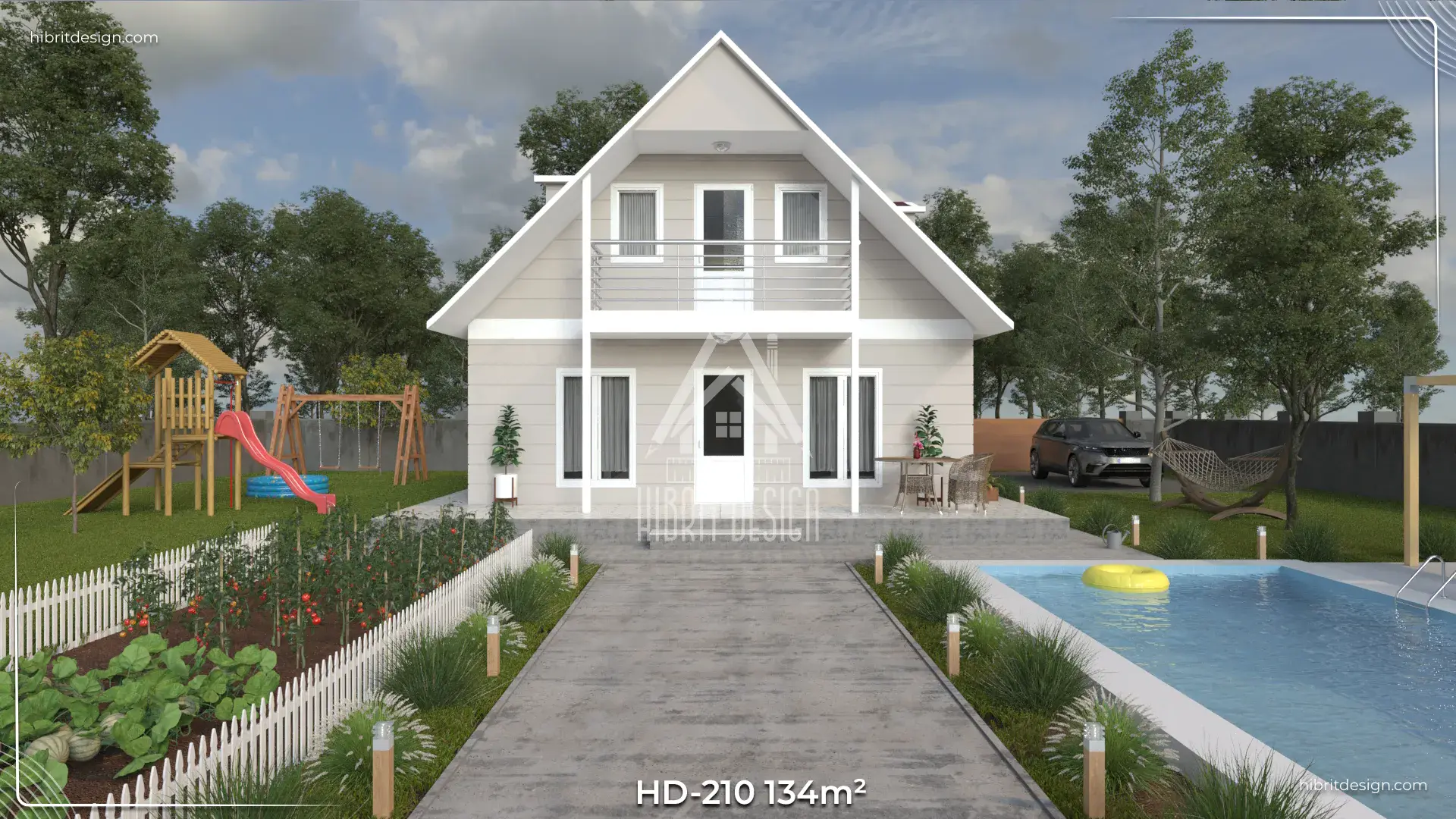 HD-210 134 m² dubleks çelik ev, yan cephe görünümü, geniş bahçe ve veranda detaylı