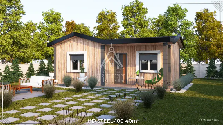 HD Steel 100 – 40 m² ahşap kaplama tek katlı çelik ev, modern bahçeli tasarım