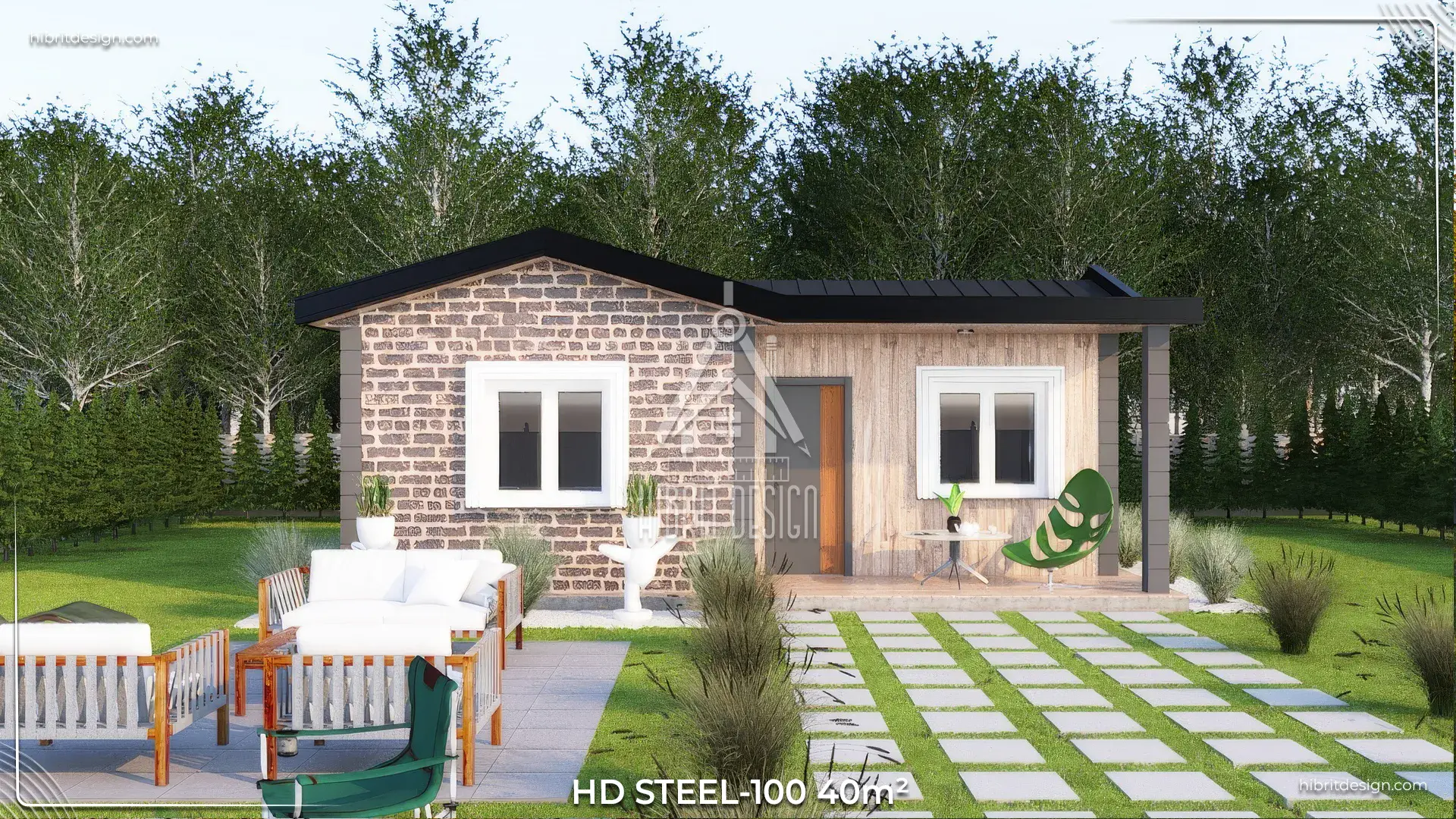 HD Steel 100 – 40 m² taş kaplama tek katlı çelik ev, bahçe oturma alanı ve yeşil peyzaj