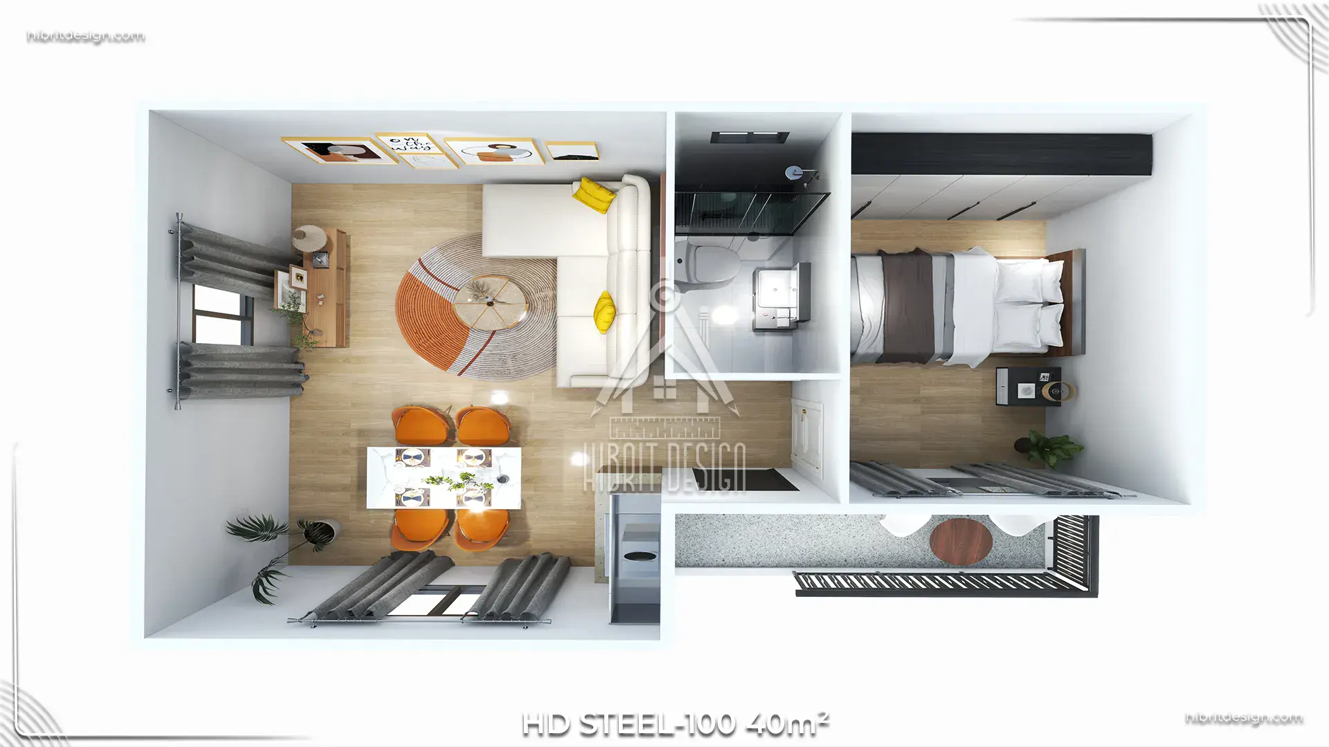 HD Steel 100 – 40 m² tek katlı çelik ev iç mekân planı, açık mutfak ve 1+1 yerleşim