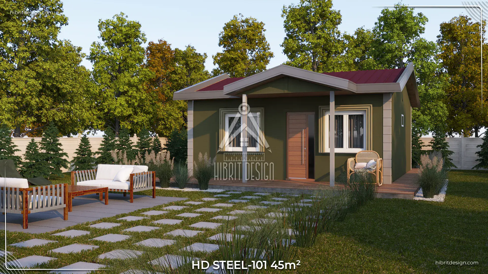 HD Steel 101 45 m² 2+1 tek katlı çelik ev, yeşil cephe, ön bahçe ve veranda yan cephe