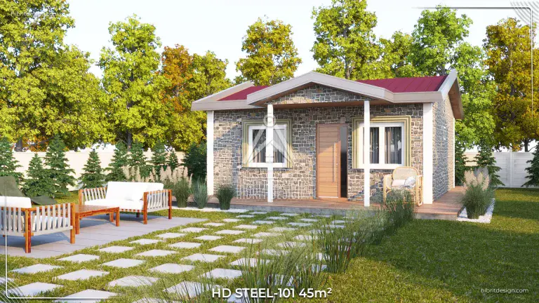 HD Steel 101 45 m² çelik ev, taş görünümlü cephe, geniş bahçe ve veranda mobilyaları