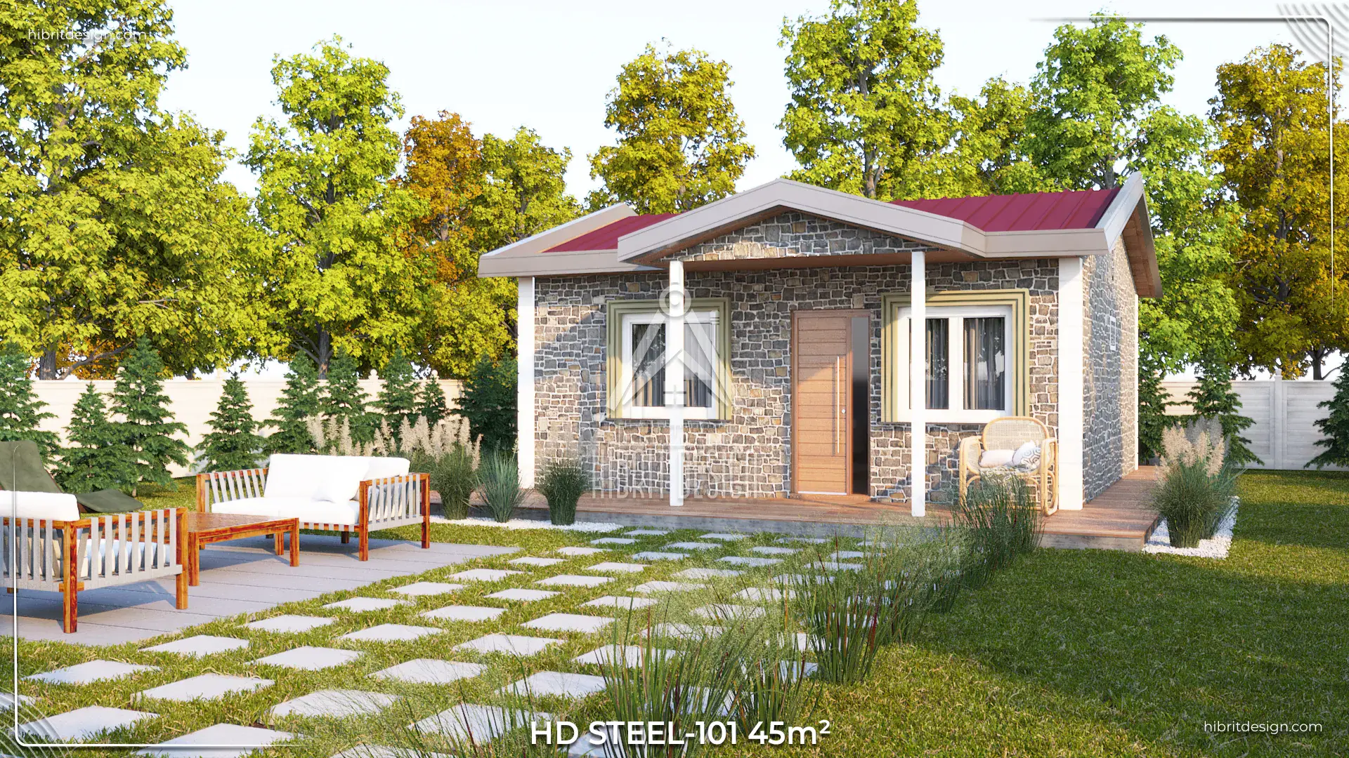 HD Steel 101 45 m² çelik ev, taş görünümlü cephe, geniş bahçe ve veranda mobilyaları