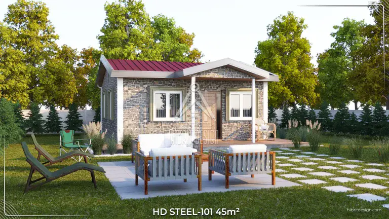HD Steel 101 45 m² taş kaplama cepheli çelik ev, modern veranda ve bahçe oturma alanı