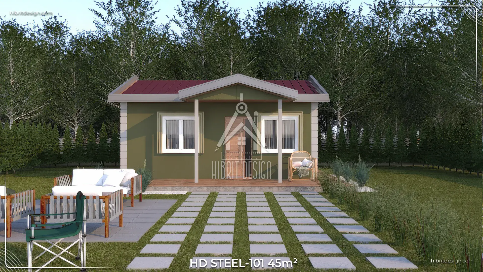 HD Steel 101 45 m² 2+1 tek katlı çelik ev, yeşil cephe, ön bahçe ve veranda
