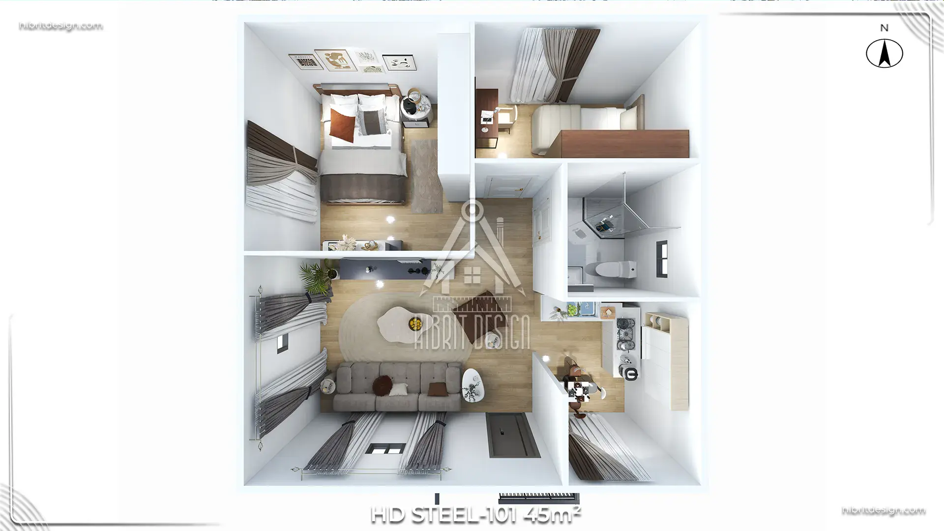 HD Steel 101 45 m² 2+1 iç plan, salon, mutfak ve iki yatak odası yerleşimi
