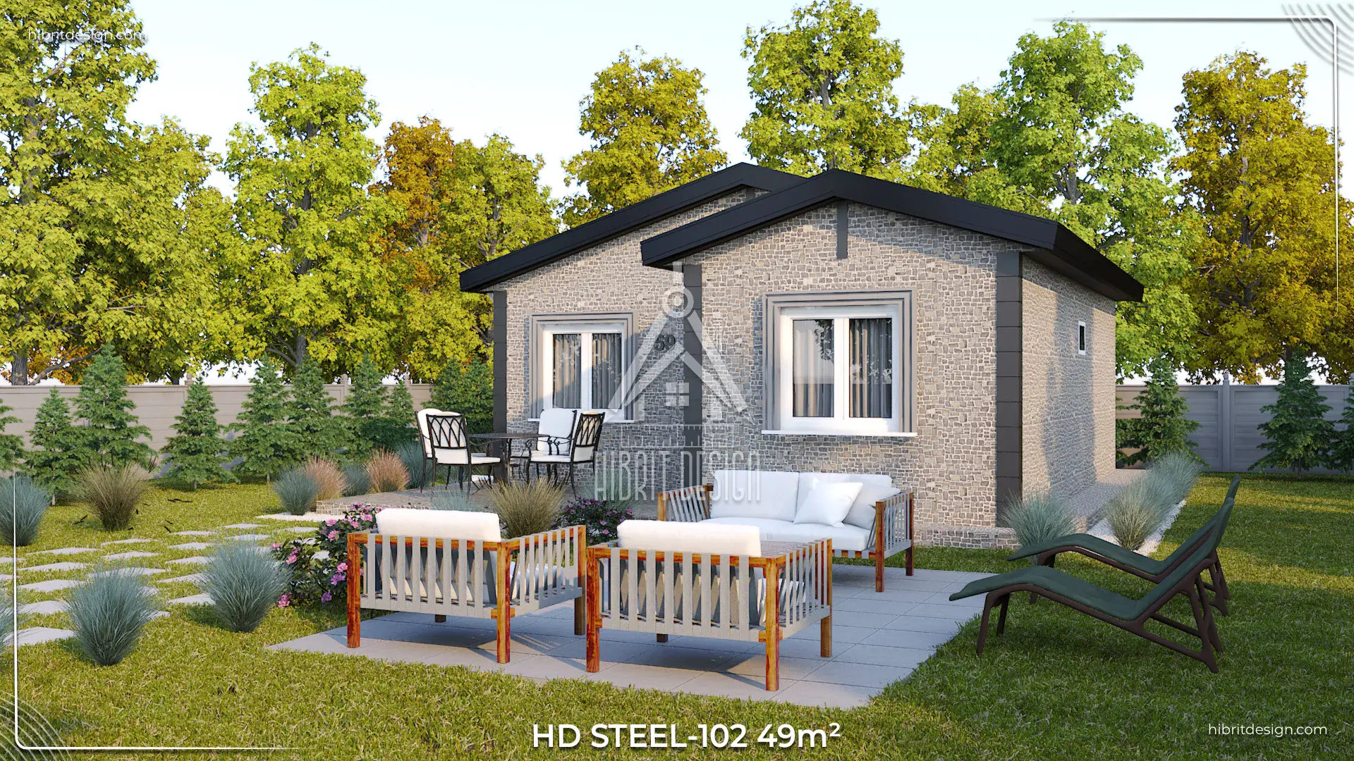 HD Steel 102 49 m² modern çelik ev yan cephe ve peyzaj düzenlemesi