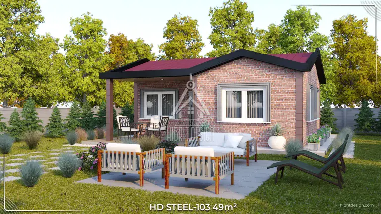 HD Steel 103 49 m² çelik ev ön cephe ve bahçe oturum alanı