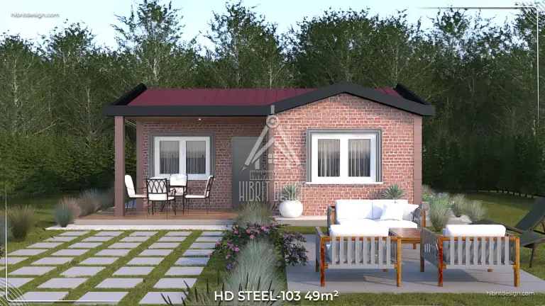 HD Steel 103 49 m² 2+1 tuğla kaplama çelik ev ön cephe bahçe tasarımı