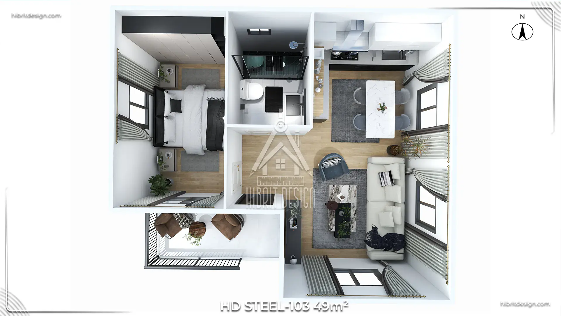 HD Steel 103 49 m² 2+1 çelik ev iç planı, modern açık mutfak ve ferah oturma alanı