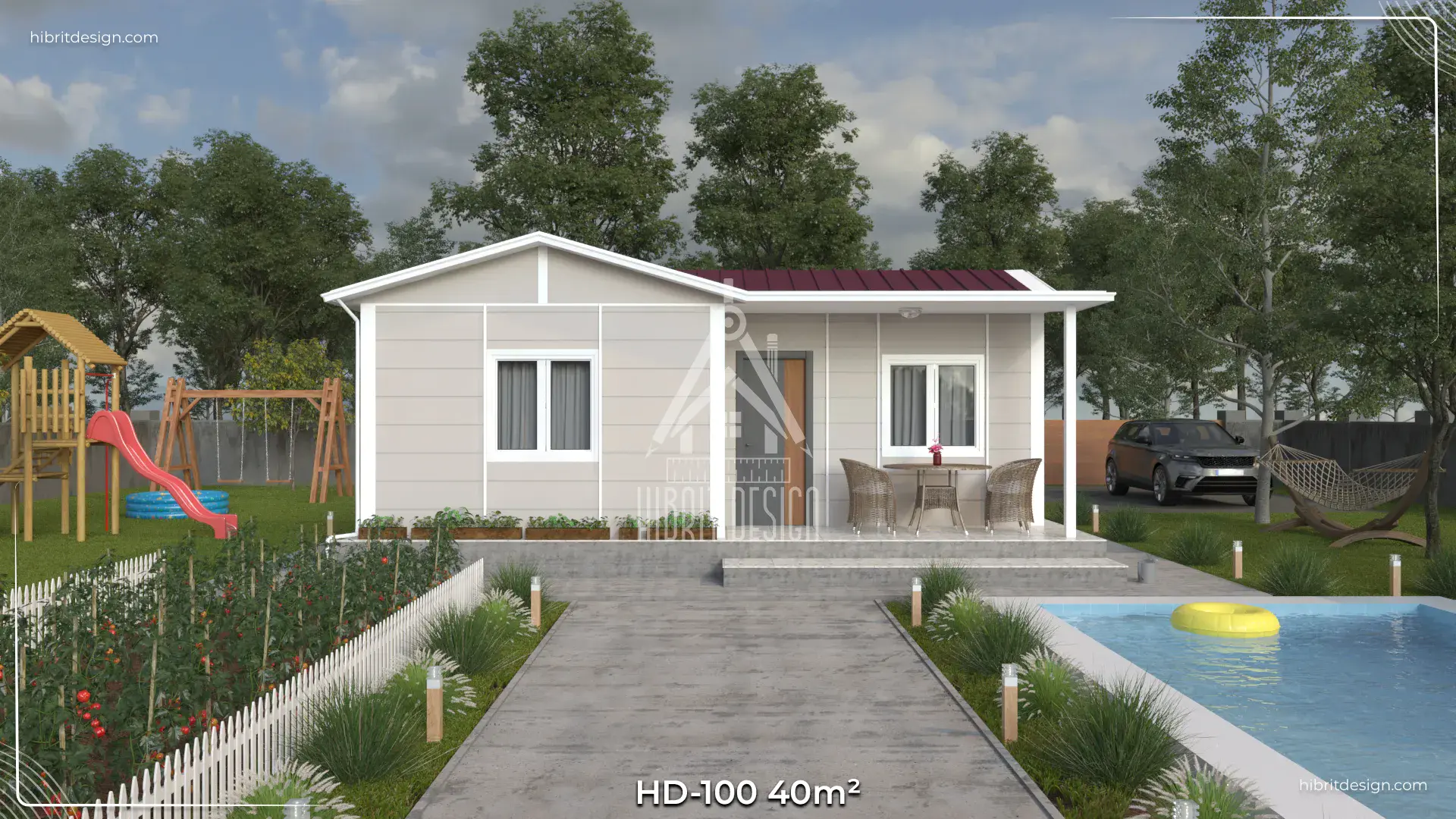 1920x1080 piksel çözünürlüklü, 2+1 planlı tek katlı HD-100 prefabrik ev – modern bahçeli dış cephe görünümü, açık renk cephe ve geniş veranda