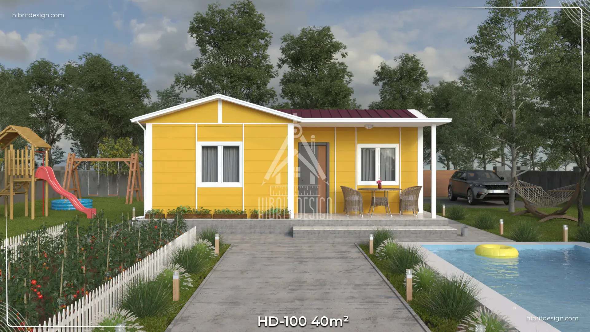 1920x1080 piksel çözünürlüklü, sarı cepheli HD-100 40 m² 1+1 tek katlı prefabrik ev – geniş veranda ve modern bahçeli dış cephe görünümü