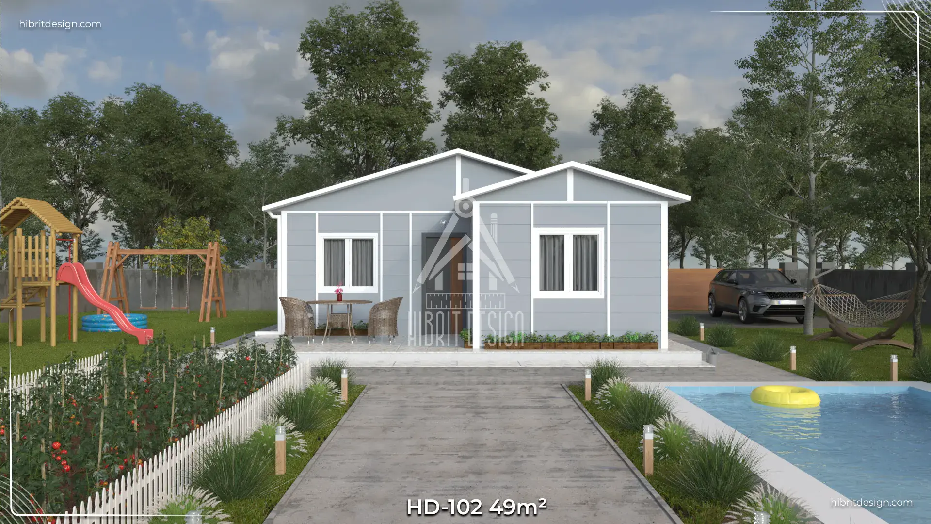 1920x1080 piksel çözünürlüklü HD-102 49 m² 2+1 tek katlı prefabrik ev – açık renk cephe, modern bahçeli tasarım ve geniş veranda görünümü