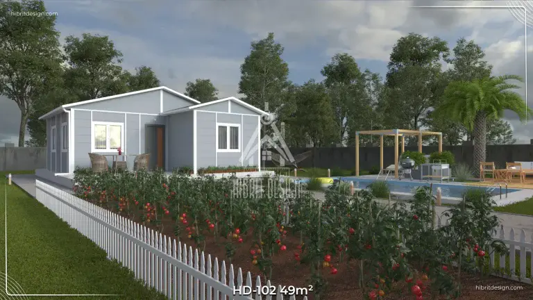 HD-102 49 m² tek katlı 2+1 prefabrik ev, yan bahçe ve çitli yürüyüş yolu
