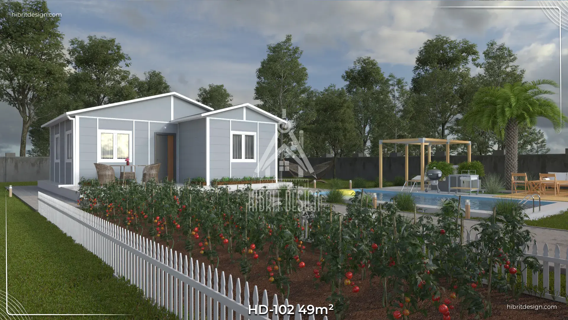 HD-102 49 m² tek katlı 2+1 prefabrik ev, yan bahçe ve çitli yürüyüş yolu