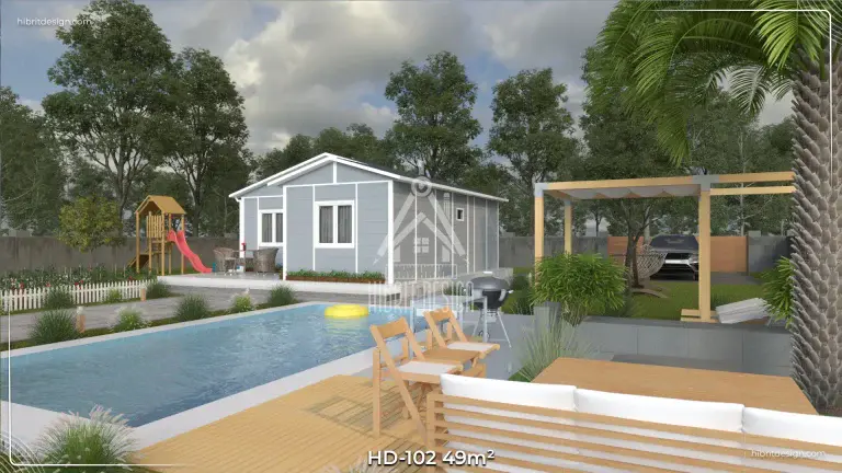 HD-102 49 m² tek katlı 2+1 prefabrik ev, bahçeli ve geniş veranda giriş cephe