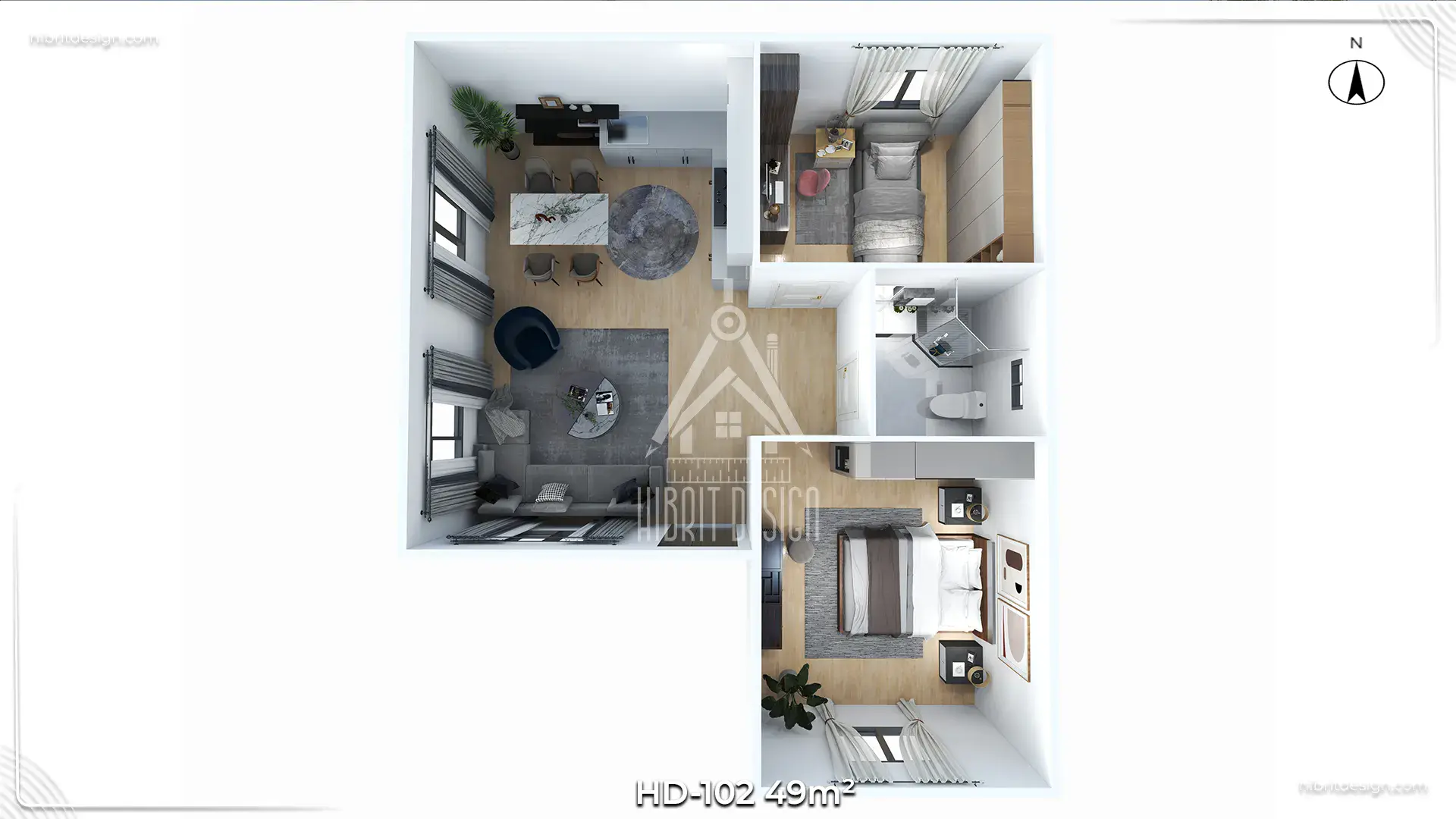 HD-102 49 m² prefabrik ev 2+1 iç yerleşim ve ölçülü kat planı