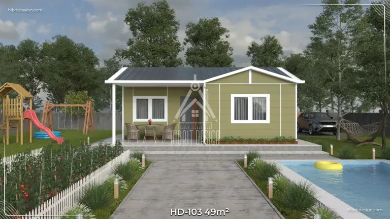 HD-103 49 m² 2+1 tek katlı prefabrik ev, bahçeli ve ferah veranda giriş cephe