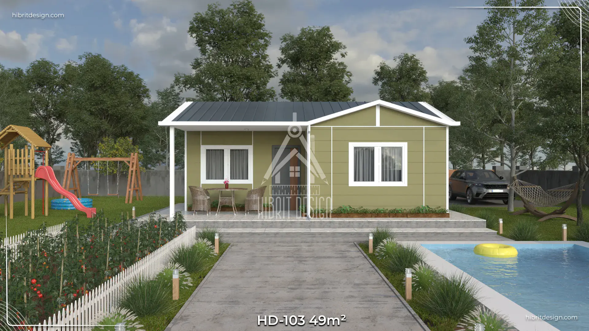 HD-103 49 m² 2+1 tek katlı prefabrik ev, bahçeli ve ferah veranda giriş cephe