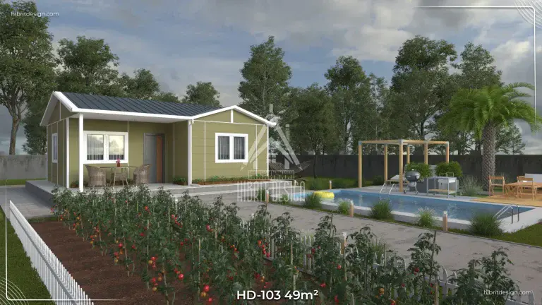 HD-103 49 m² 2+1 tek katlı prefabrik ev, yan bahçe ve çitli yürüyüş yolu