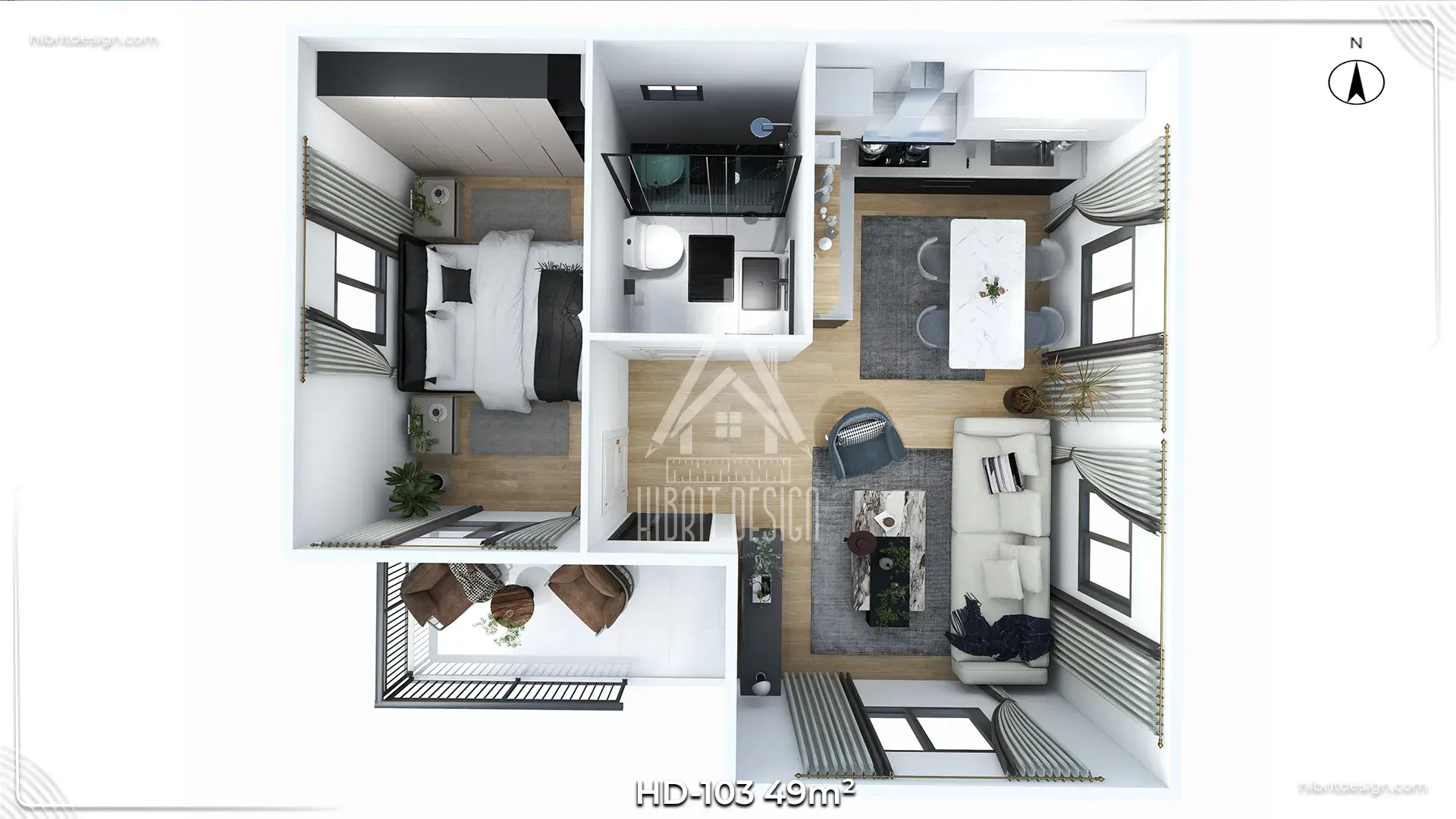 HD-103 49 m² 2+1 tek katlı prefabrik ev, salon ve yatak odalarıyla iç mekân 3D plan