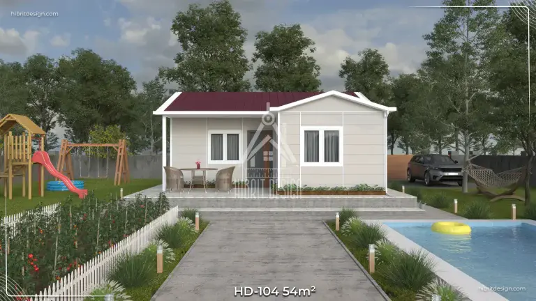 HD-104 54 m² 1+1 tek katlı prefabrik ev, bahçeli ve ferah ön giriş cephe