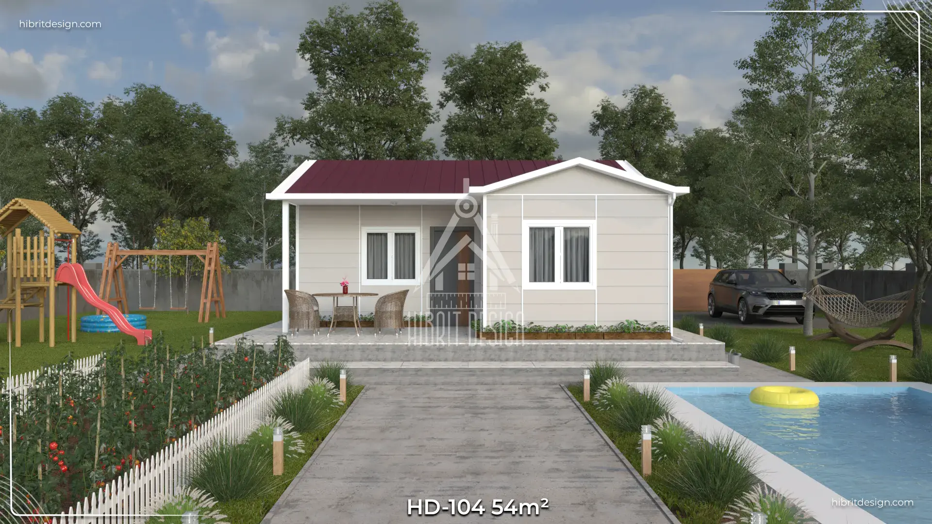 HD-104 54 m² 1+1 tek katlı prefabrik ev, bahçeli ve ferah ön giriş cephe