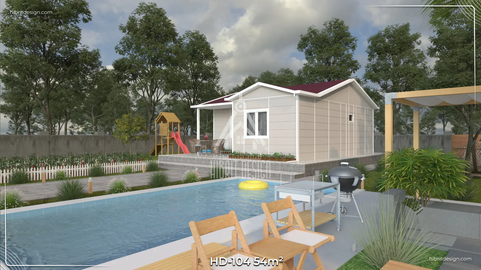 HD-104 54 m² 1+1 tek katlı prefabrik ev, havuz kenarı ahşap deck ve geniş veranda