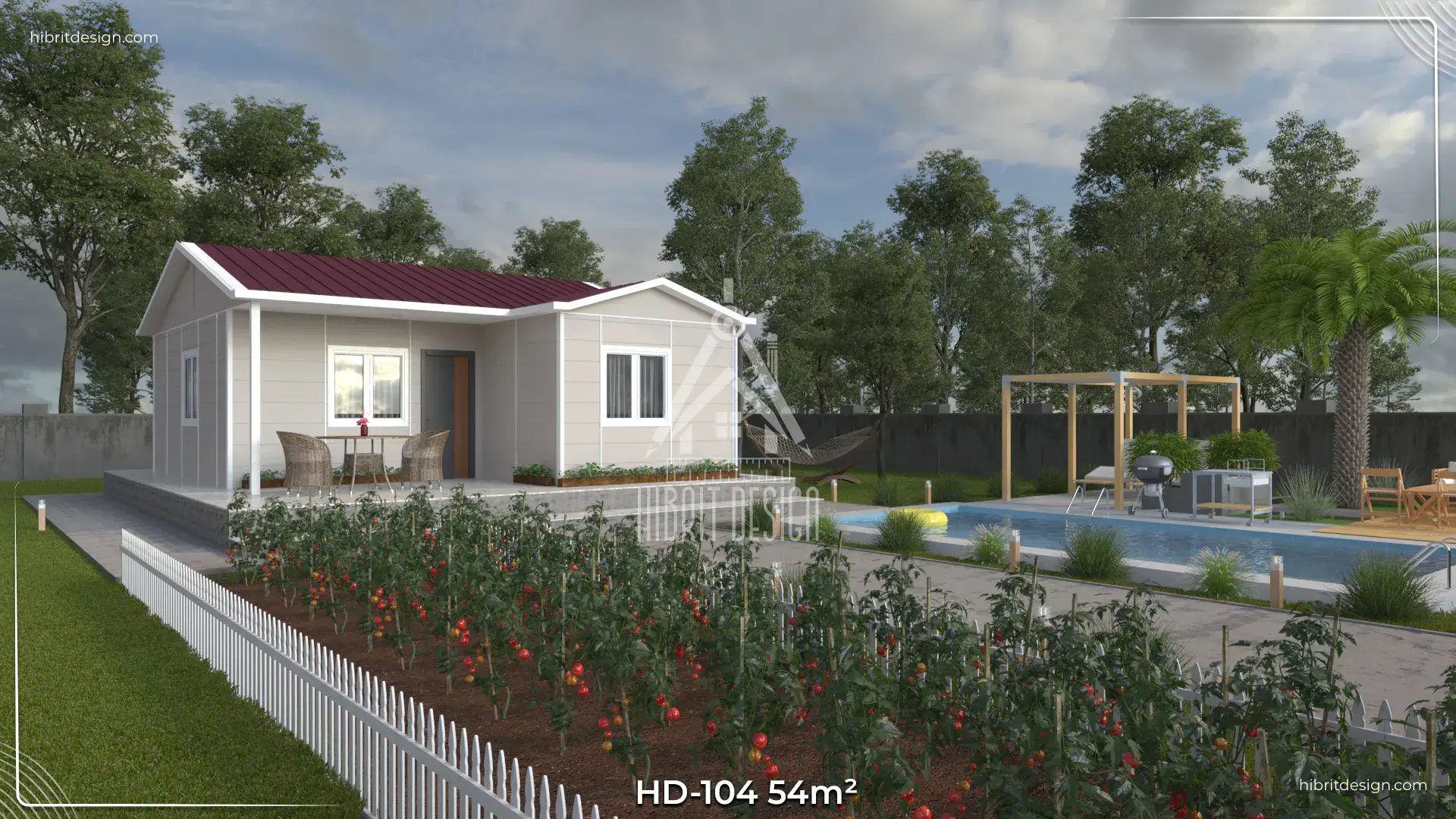 HD-104 54 m² 1+1 tek katlı prefabrik ev, yan bahçe ve çitli yürüyüş yolu