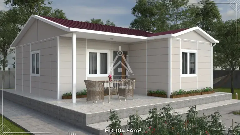 HD-104 54 m² 1+1 tek katlı prefabrik ev, bahçeli ve ferah ön giriş cephe
