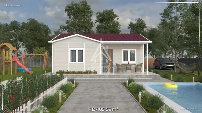 HD-105 59 m² 2+1 tek katlı prefabrik ev, bahçeli ve ferah ön giriş cephe
