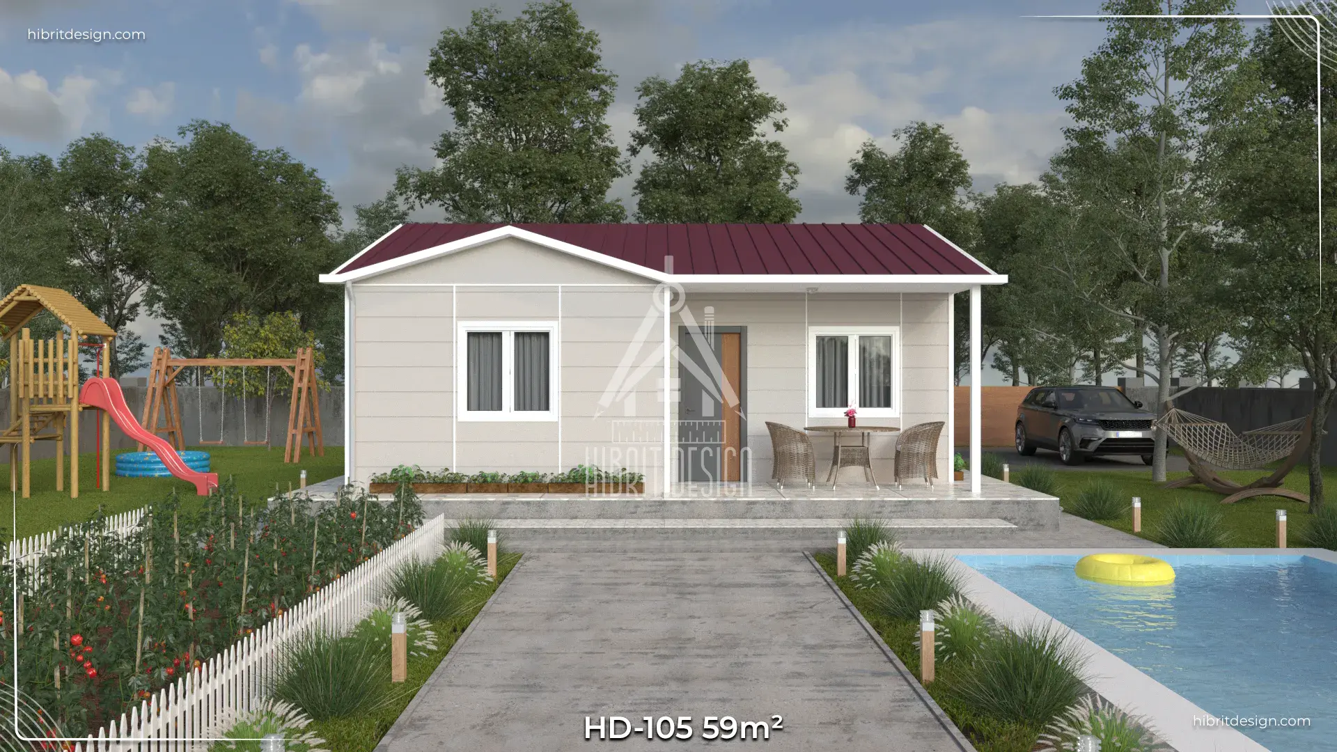 HD-105 59 m² 2+1 tek katlı prefabrik ev, bahçeli ve ferah ön giriş cephe