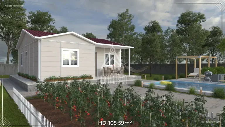 HD-105 59 m² 2+1 tek katlı prefabrik ev, bahçeli yan cephe ve peyzajlı yürüyüş yolu