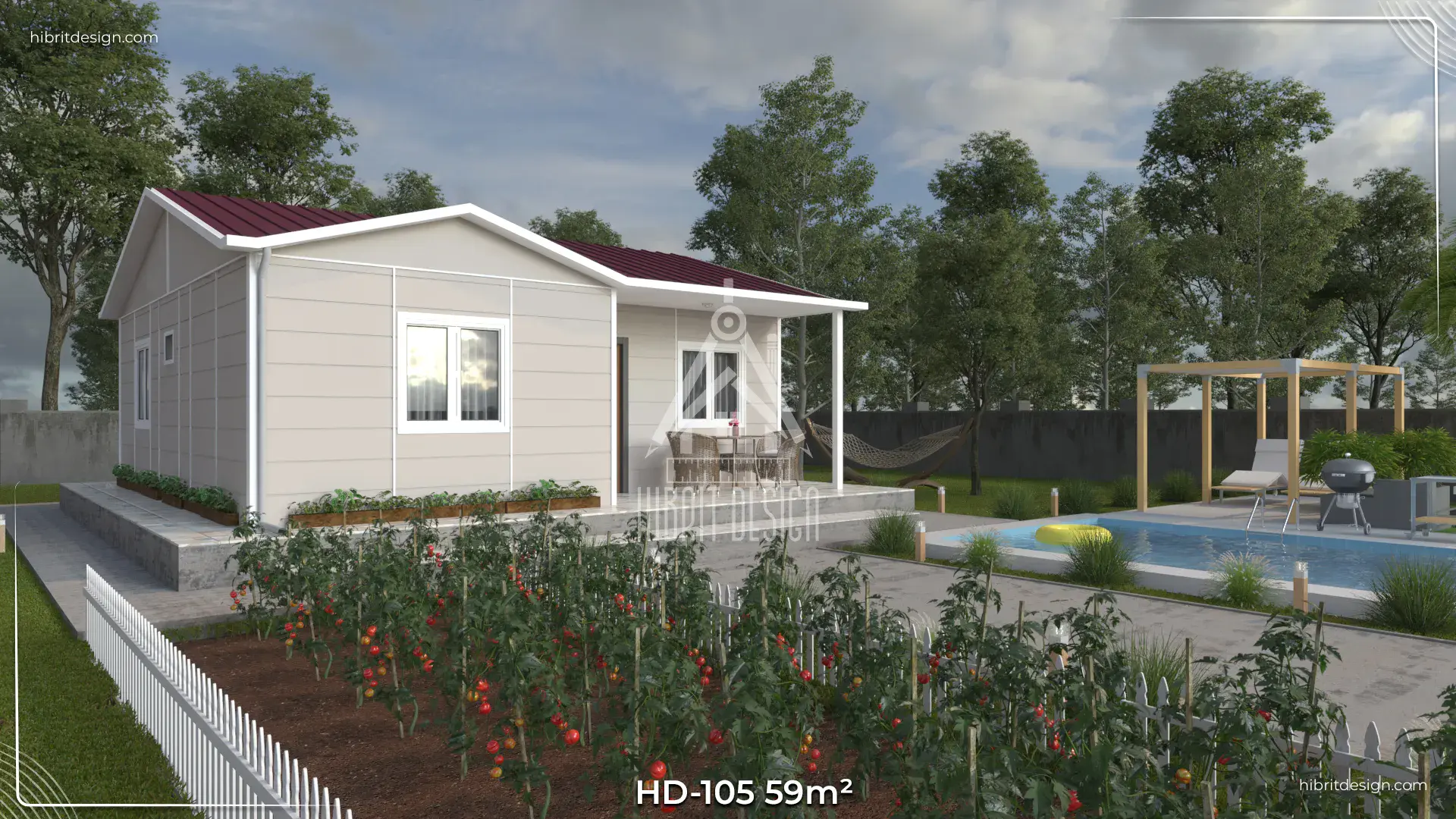 HD-105 59 m² 2+1 tek katlı prefabrik ev, bahçeli yan cephe ve peyzajlı yürüyüş yolu
