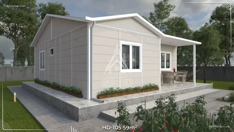 HD-105 59 m² 2+1 tek katlı prefabrik ev, yan cephe ve geniş veranda görünümü