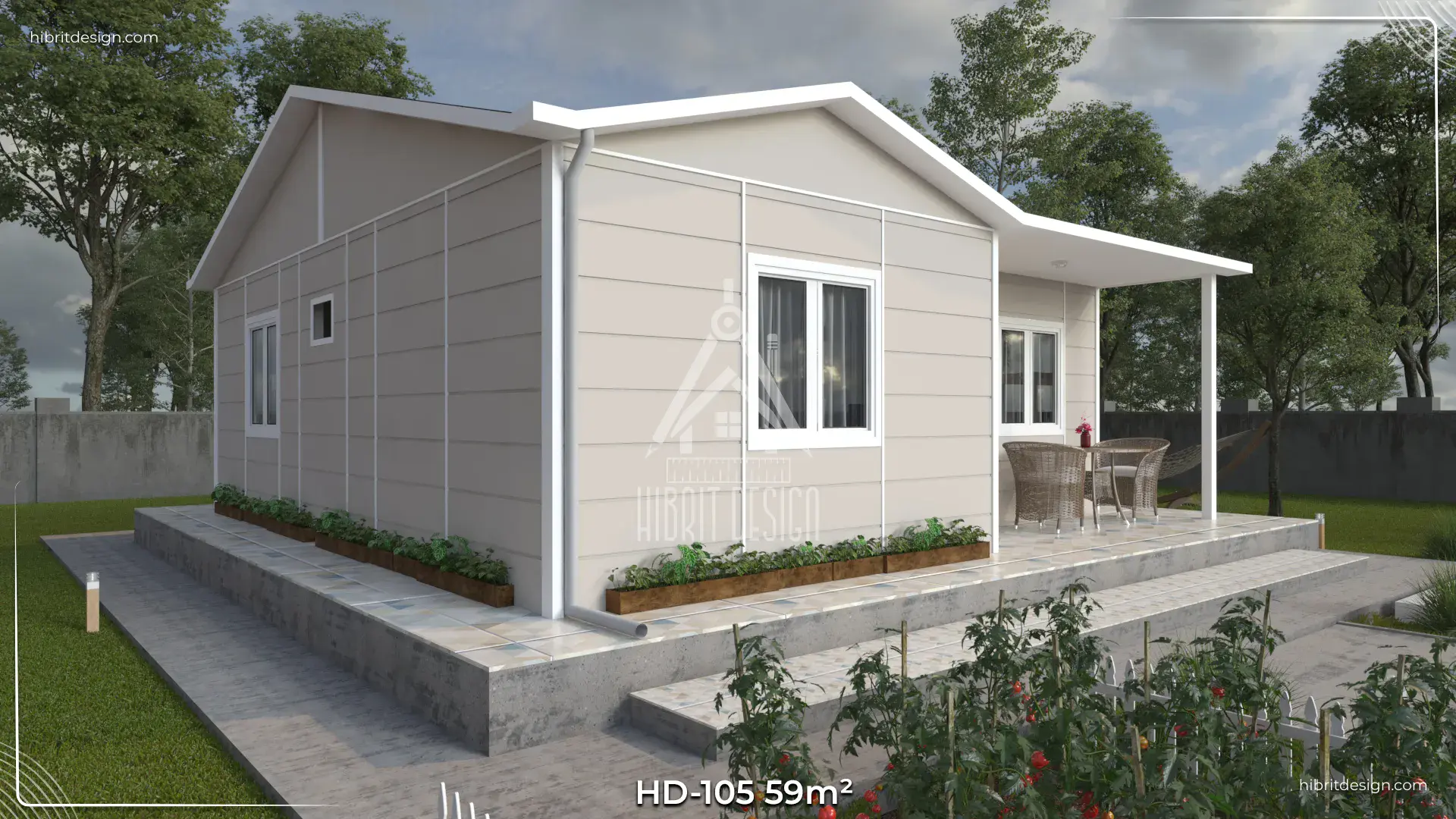 HD-105 59 m² 2+1 tek katlı prefabrik ev, yan cephe ve geniş veranda görünümü