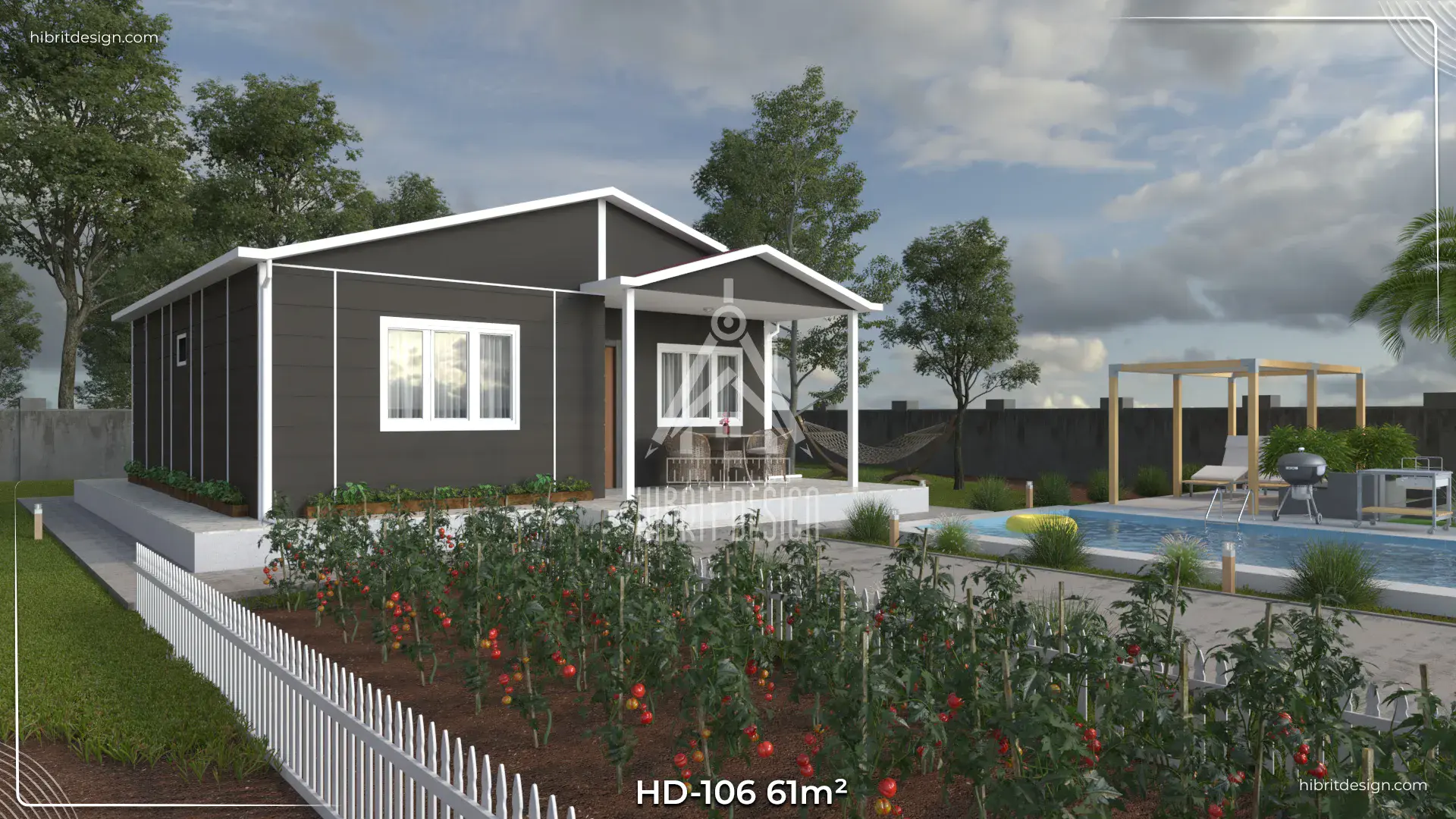 HD-106 61 m² 2+1 tek katlı prefabrik ev, yan cephe ve peyzajlı bahçe düzeni