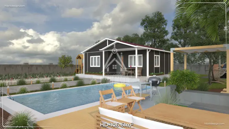 HD-106 61 m² 2+1 tek katlı prefabrik ev, havuz kenarı ahşap deck ve geniş veranda
