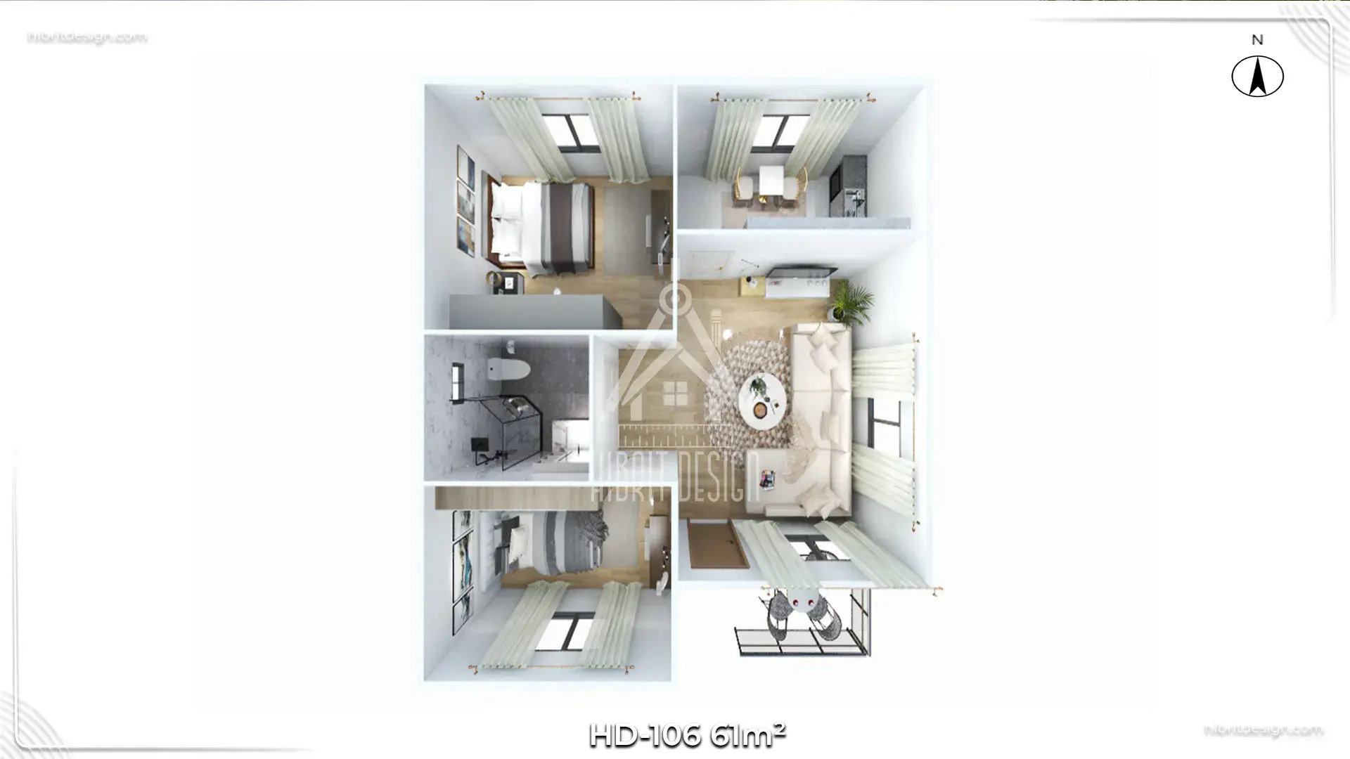 HD-106 61 m² 2+1 tek katlı prefabrik ev, salon ve iki yatak odalı 3D iç yerleşim planı