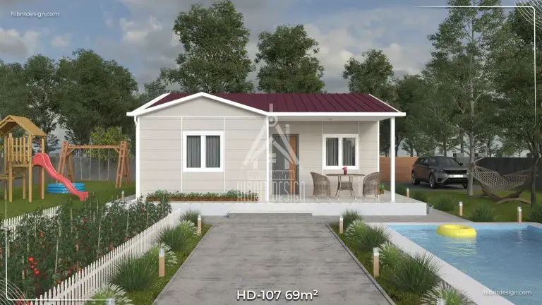 HD-107 69 m² 2+1 tek katlı prefabrik ev, bahçeli ve ferah ön giriş cephe