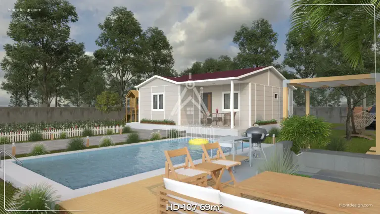 HD-107 69 m² 2+1 tek katlı prefabrik ev, havuz kenarı ahşap deck ve geniş veranda